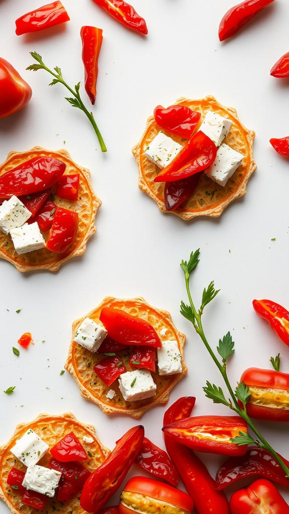 A plate of crisp snacks topped with roasted red peppers and feta cheese