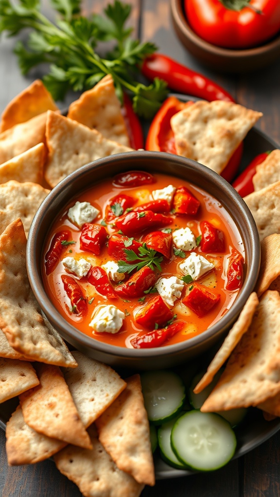 A bowl of roasted red pepper and feta fondue surrounded by pita chips and cucumbers.