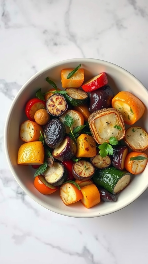 A bowl of colorful roasted vegetable medley with zucchini, cherry tomatoes, bell peppers, and eggplant garnished with parsley.