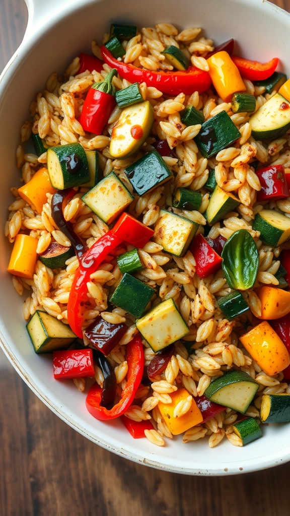 A colorful bowl of roasted vegetable orzo salad with vibrant peppers and zucchini.