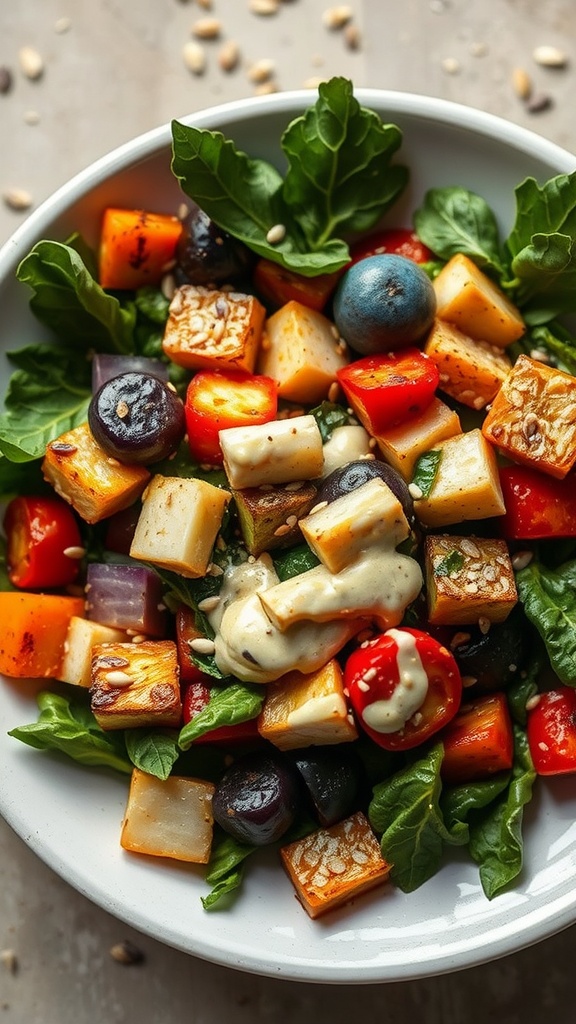 A colorful roasted veggie salad topped with tahini dressing and garnished with spinach