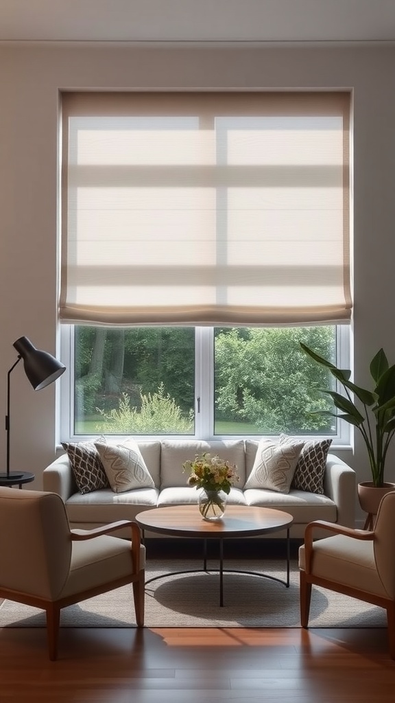 Living room with Roman shades, showcasing a cozy seating area and natural light.