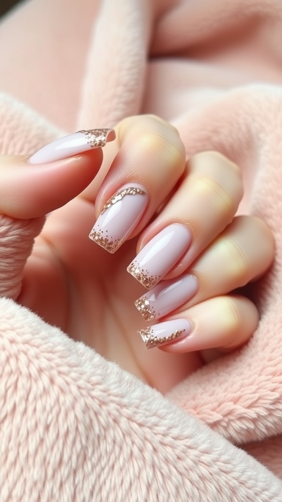 A hand with neatly manicured nails featuring rose gold glitter accents on a soft neutral base.