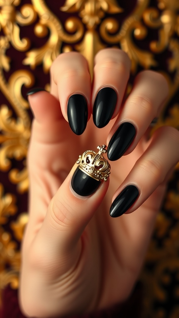 Elegant black nails with a gold crown design.
