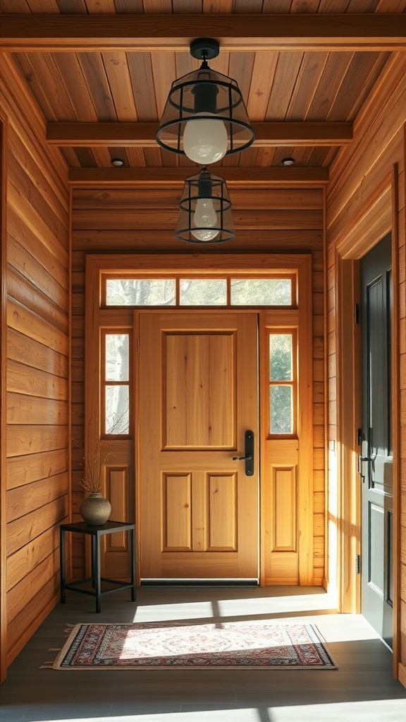 A rustic hallway featuring wooden wall moulding, a front door, and warm lighting.
