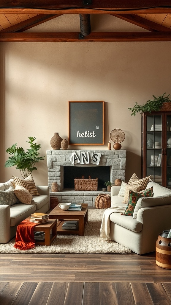 Cozy living room featuring rustic beige walls, comfortable seating, and natural decor.