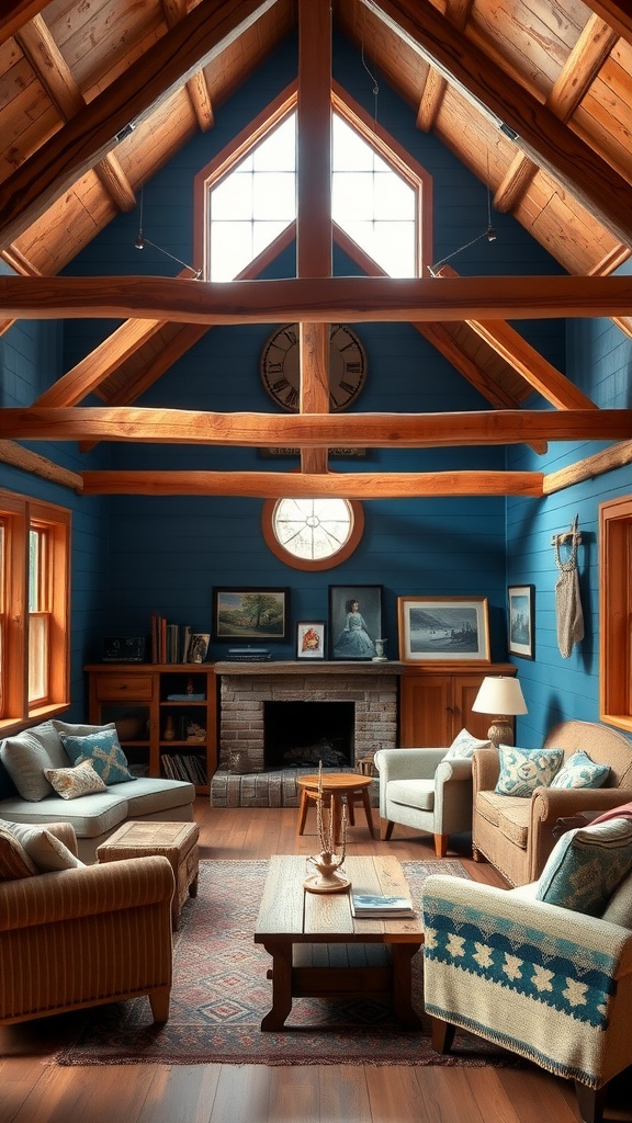 A cozy rustic blue cabin with wooden beams and comfortable seating.