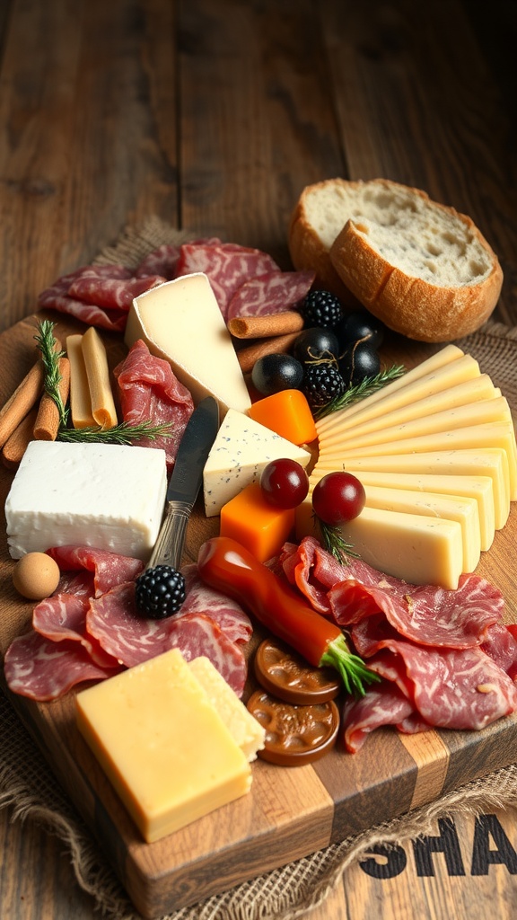 A rustic charcuterie and cheese spread featuring various meats, cheeses, olives, and bread on a wooden board.