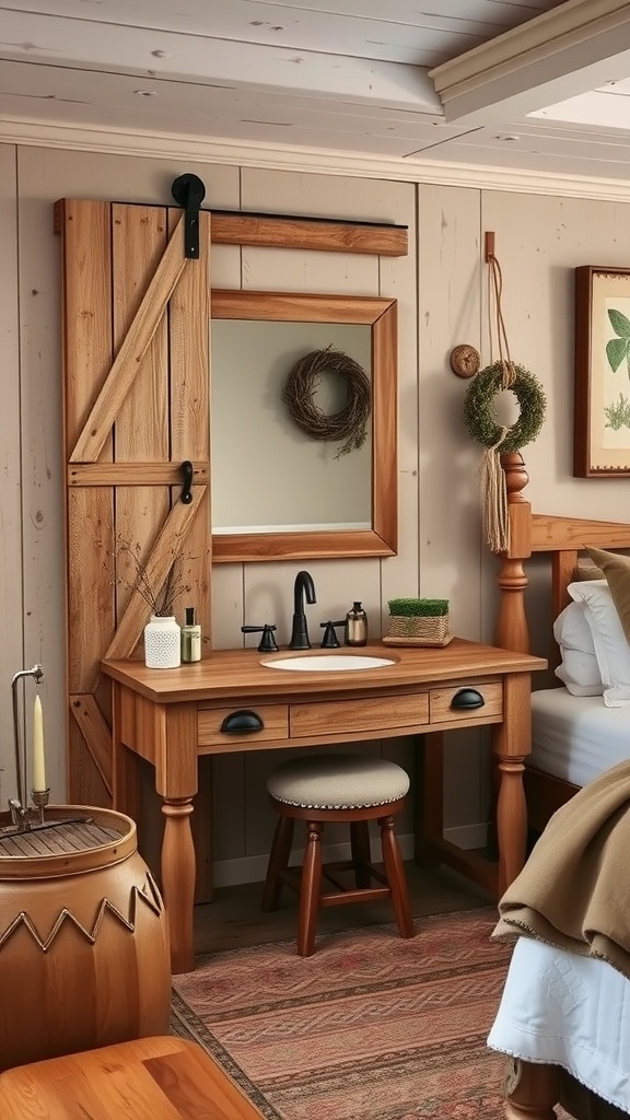 A rustic chic vanity with barn door accents, featuring a wooden mirror and a simple stool.