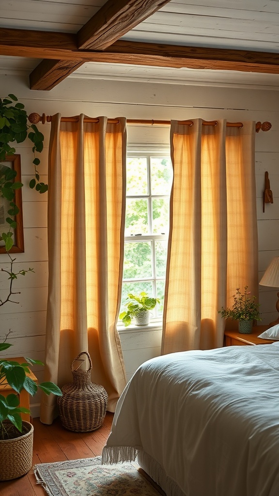 A cozy bedroom with rustic cottage style curtains in warm hues, complementing the peaceful decor.