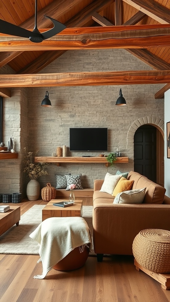 A cozy living room featuring a brown couch, wooden furniture, and rustic decor.