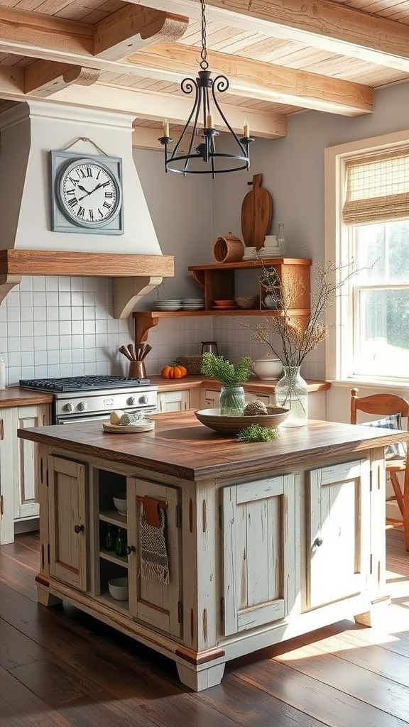 A rustic farmhouse kitchen island with wooden cabinets and a simple design.