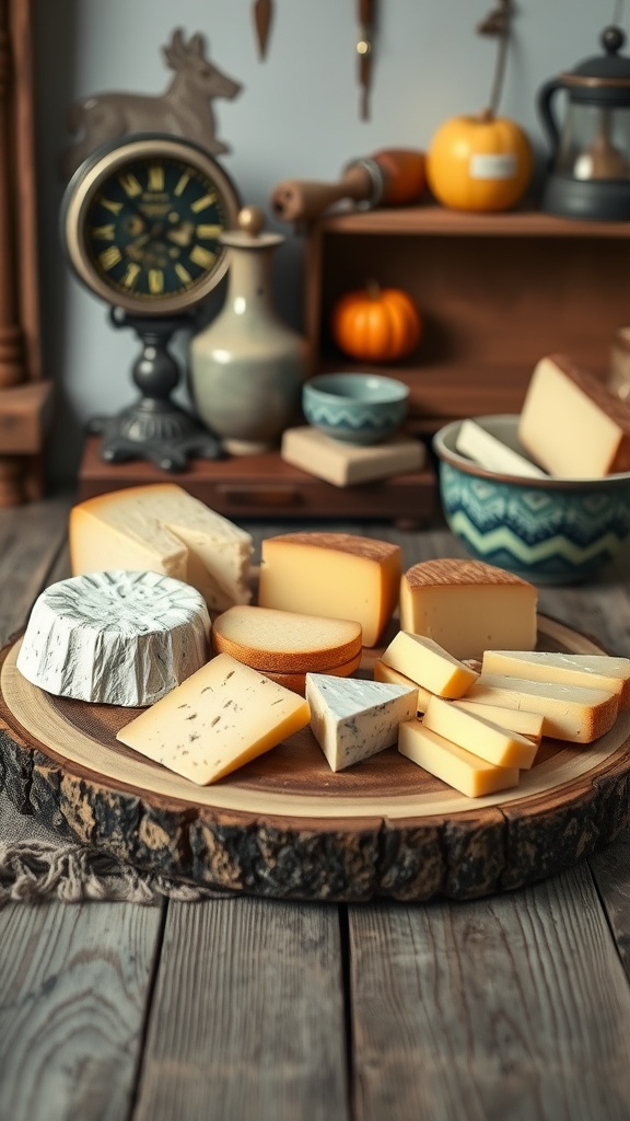 A rustic cheese board with various types of cheese displayed on a wooden platter, surrounded by rustic decor.