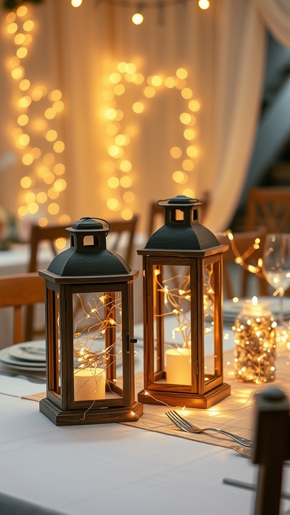 A dining table centerpiece featuring rustic lanterns with fairy lights