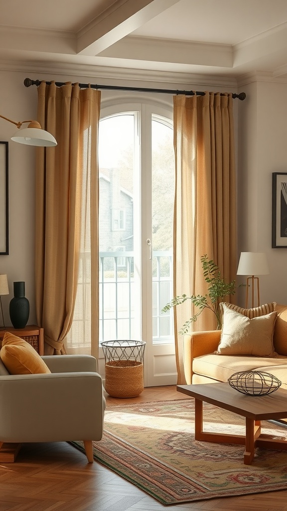 A cozy living room with rustic linen curtains letting in soft sunlight.