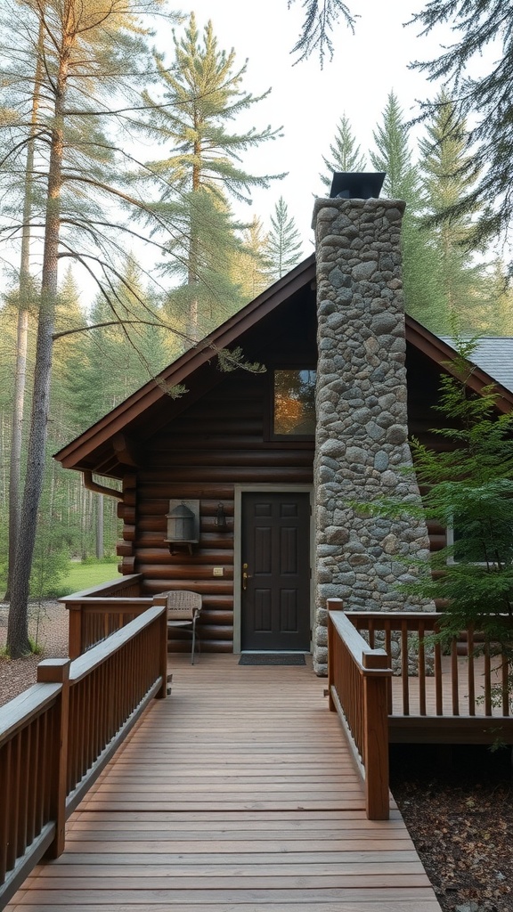 Exterior view of a rustic log cabin with a stone chimney and wooden deck surrounded by trees.