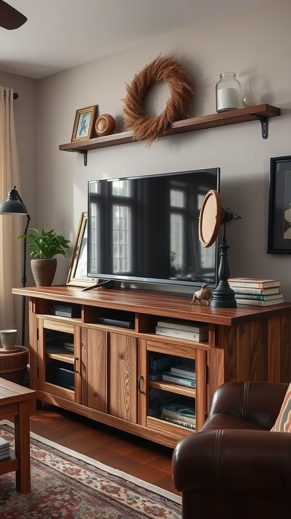 A rustic reclaimed wood TV stand with storage, showcasing a television and decorative items.