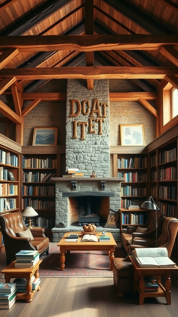 A rustic library featuring wooden beams, a stone fireplace, and comfortable seating.