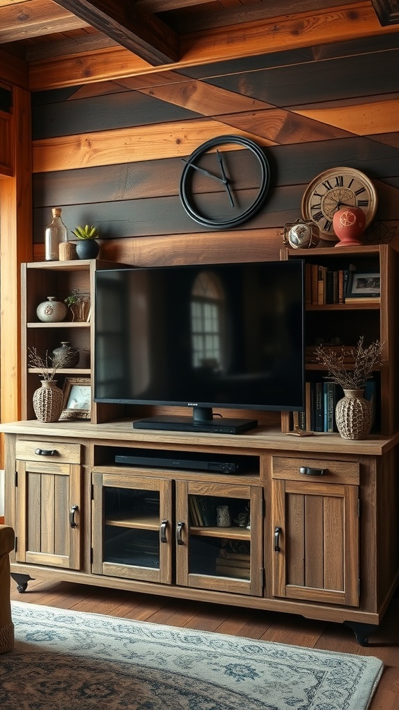 A rustic entertainment center made of wood with decorative accents, a clock, and a TV.
