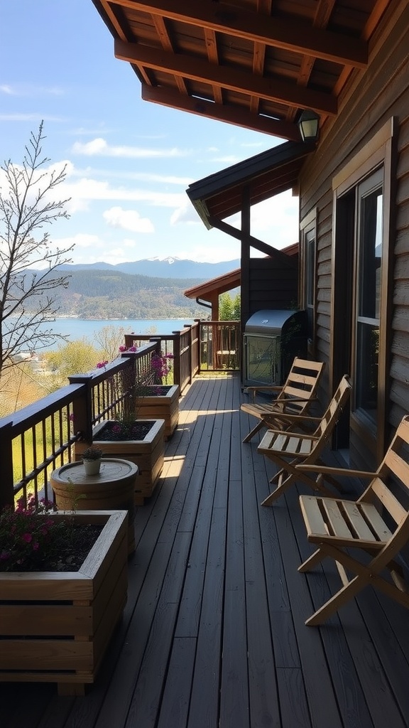 A rustic wooden balcony with chairs and flower pots overlooking a scenic view.