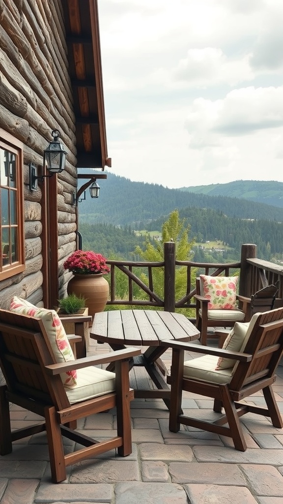 Outdoor patio with rustic wooden furniture and beautiful mountain view