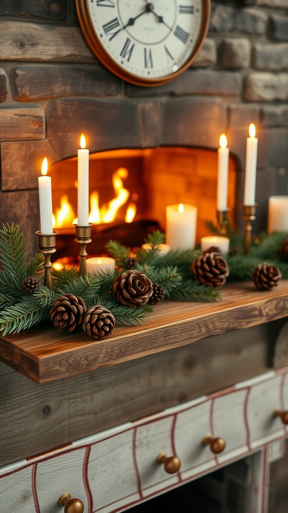 A rustic fireplace mantel decorated with candles, pinecones, and greenery.
