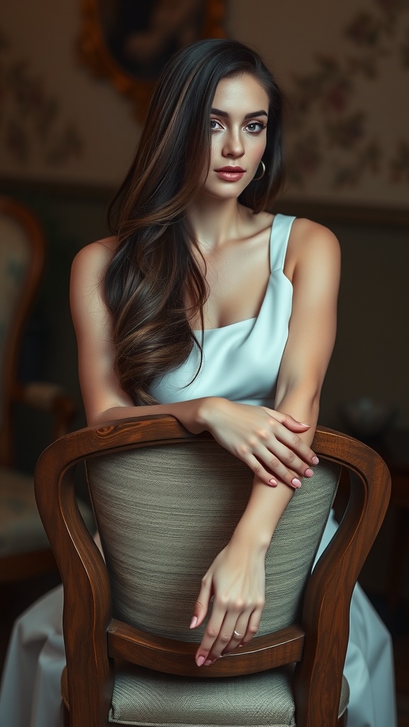 A woman with long dark hair in a soft, elegant setting, showcasing sable brown hair color.