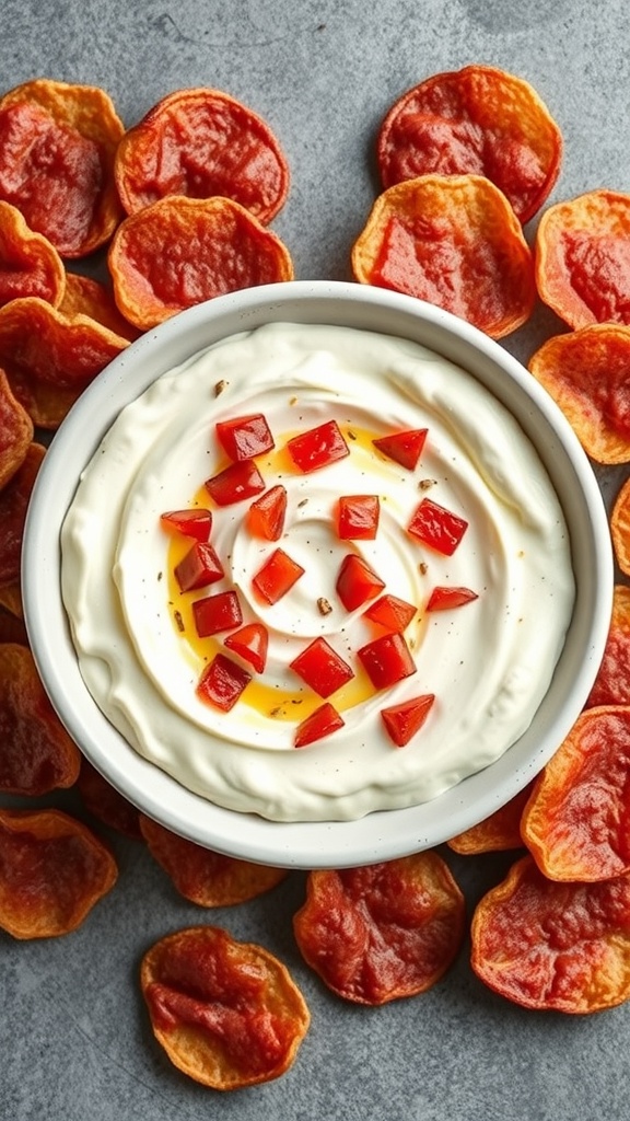 Salami chips served with a creamy dip and garnished with red bell pepper.