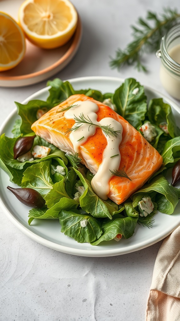 A plate of salmon salad with dill dressing on a bed of mixed greens.