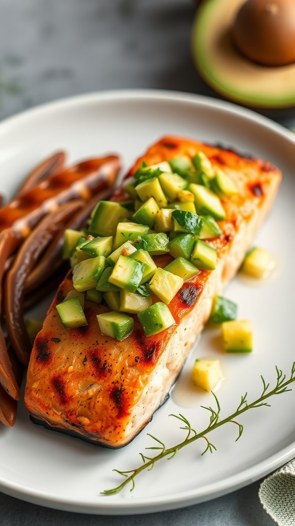Delicious salmon fillet topped with fresh avocado salsa