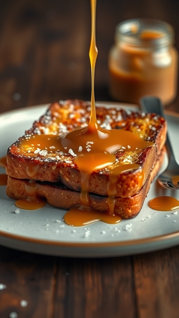 Delicious salted caramel french toast drizzled with caramel sauce