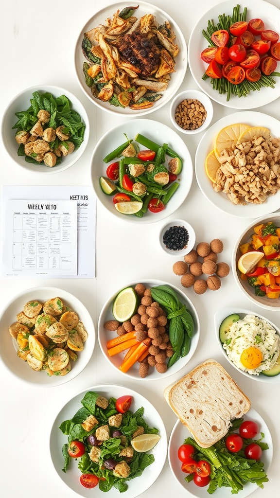 A colorful arrangement of fresh Mediterranean ingredients, perfect for a keto diet.