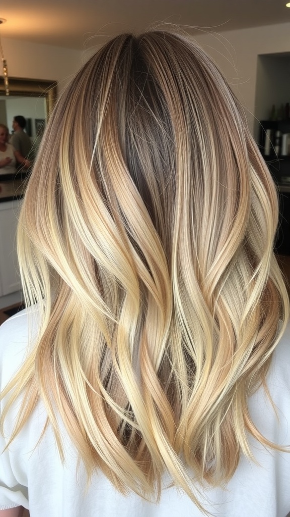 A hairstyle featuring sandy blonde hair color with dark roots, showing soft waves and natural texture.