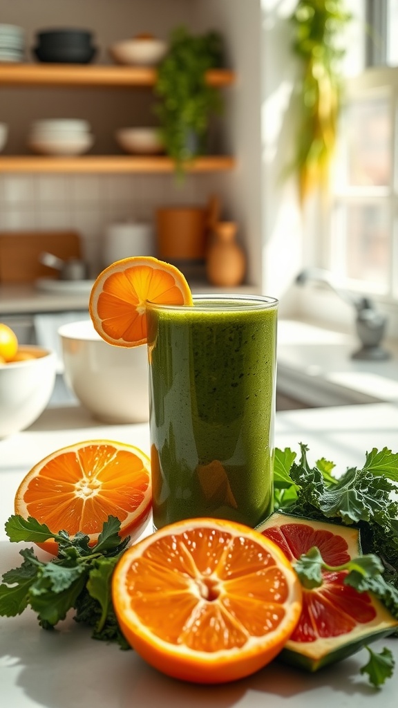 A refreshing green smoothie made with kale and citrus fruits.