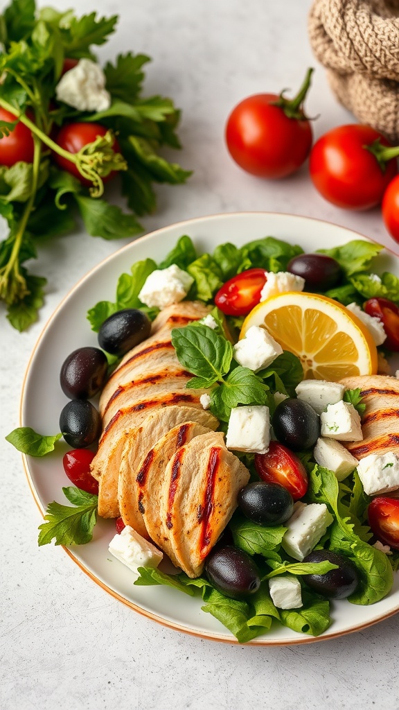 Grilled chicken salad with greens, olives, and feta cheese