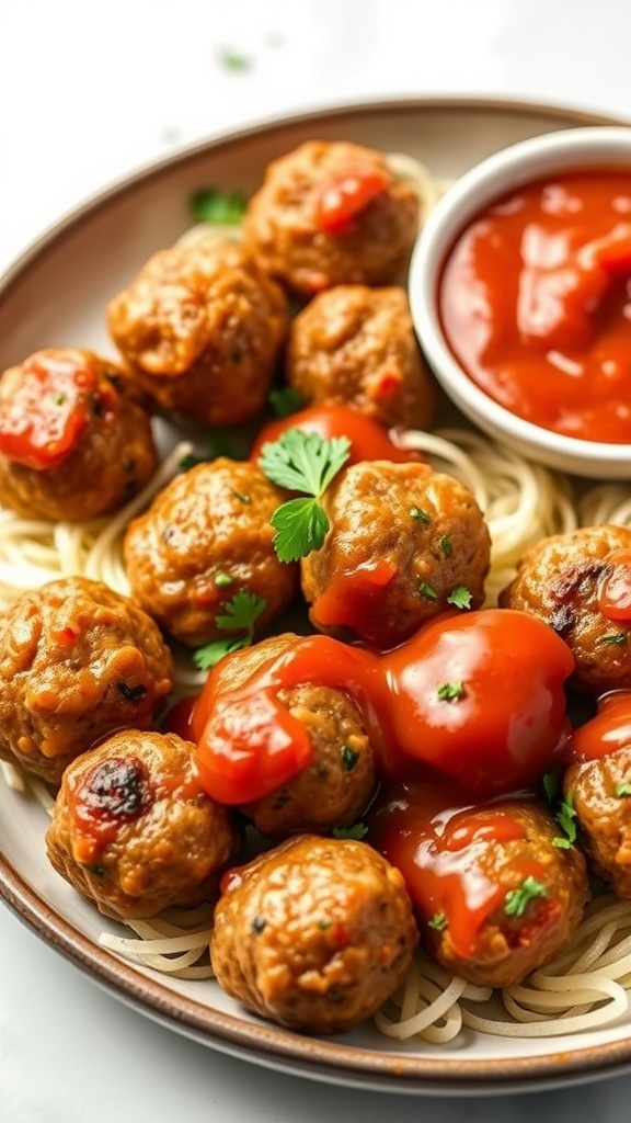 Plate of savory air fryer meatballs topped with marinara sauce and garnished with parsley.