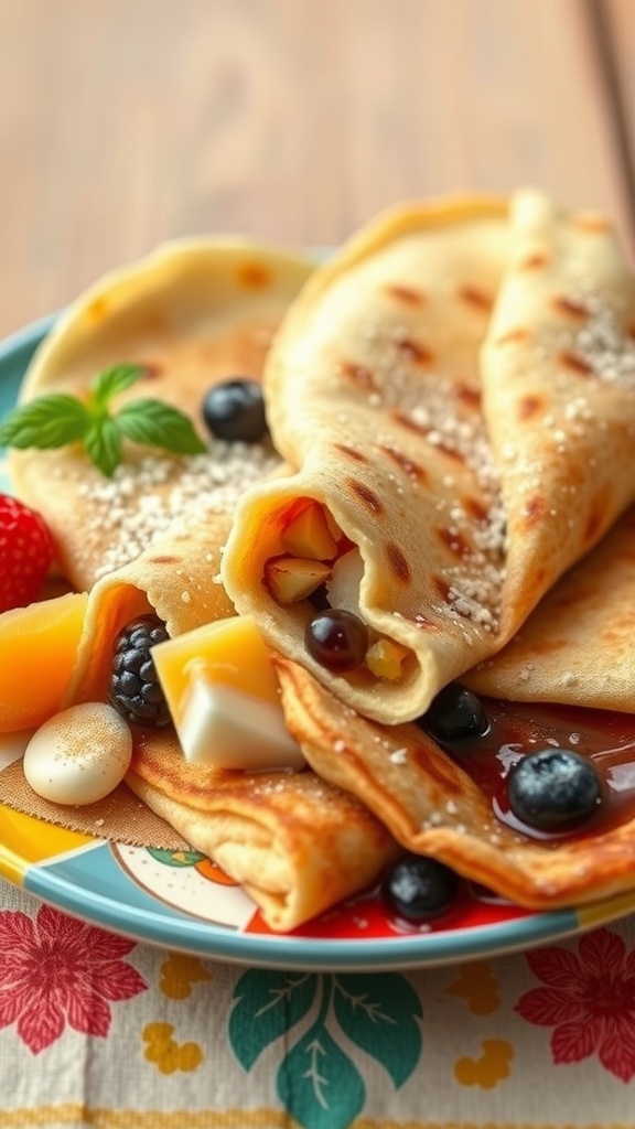 Delicious crepes filled with fruits and toppings on a colorful plate.