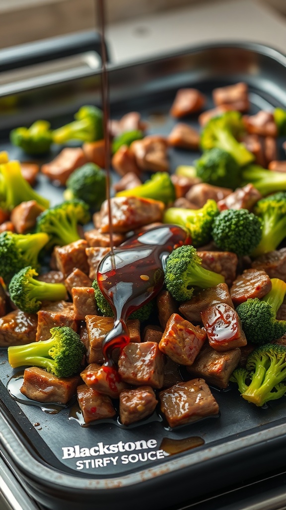 Savory beef and broccoli stir-fry on a griddle