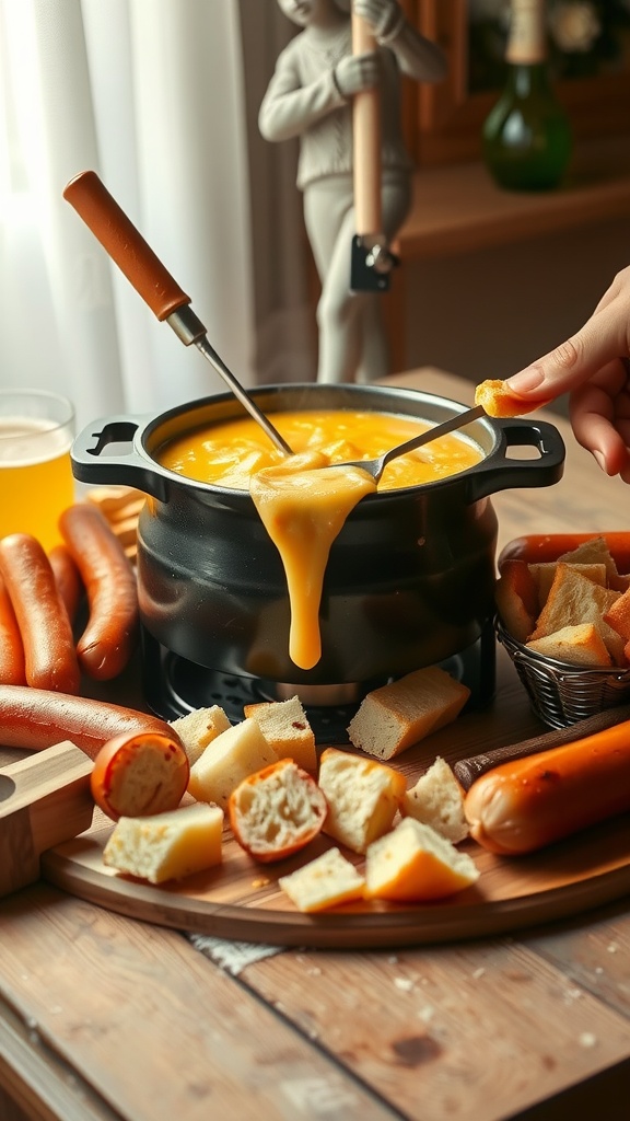 A pot of cheese fondue with bread and sausages on a wooden board.