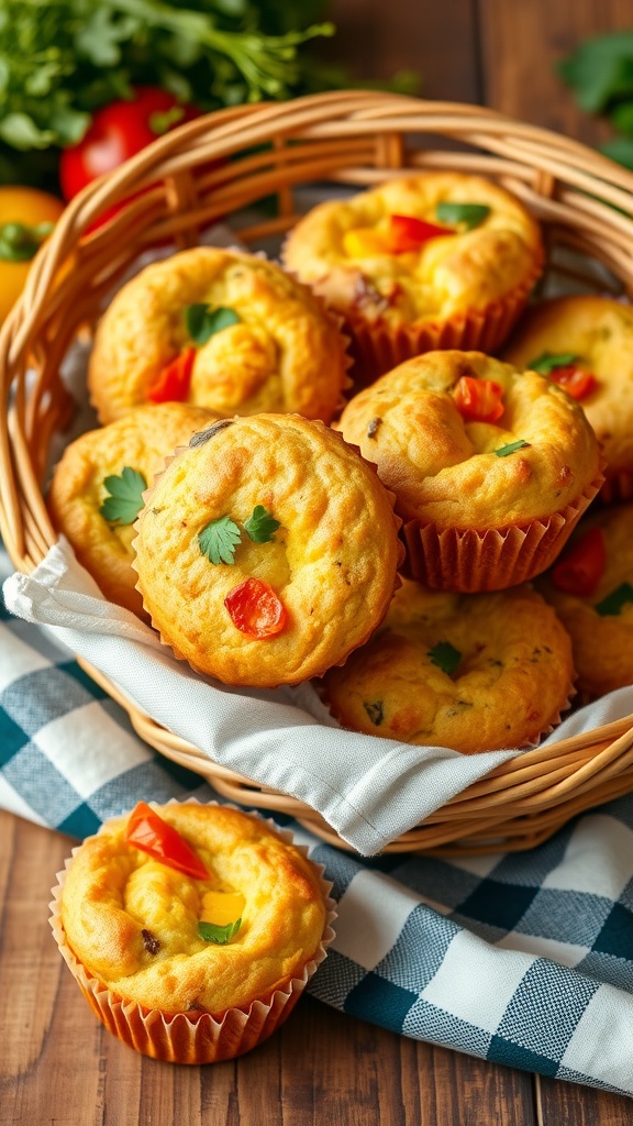 A basket of savory breakfast muffins with veggies, including peppers and herbs, on a checkered cloth.