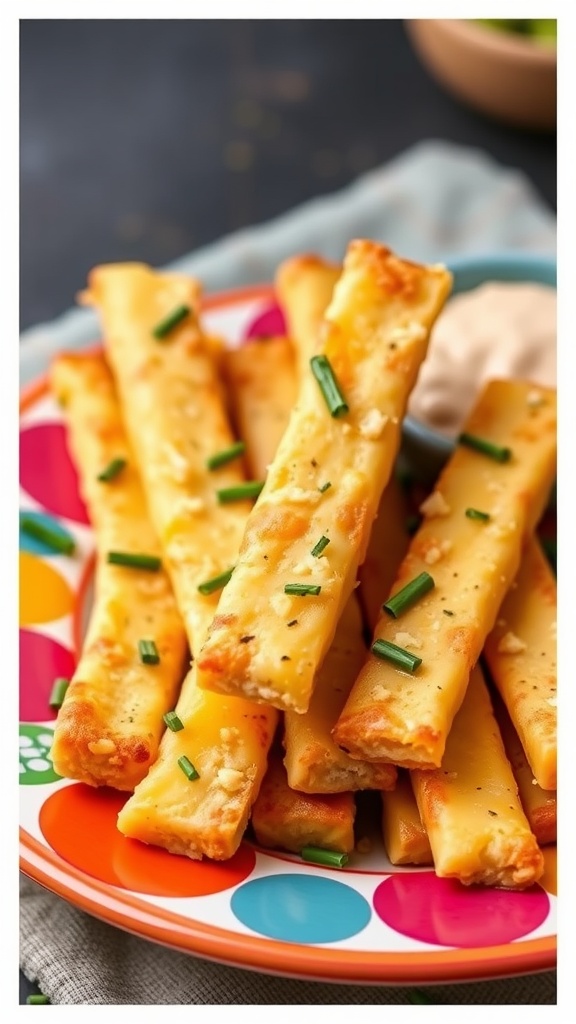 Cheddar cheese sticks garnished with chives on a colorful plate.