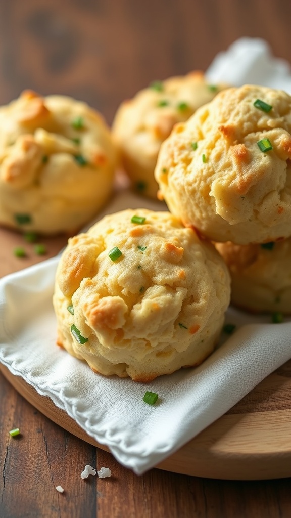 A plate of freshly baked savory cheddar chive biscuits.
