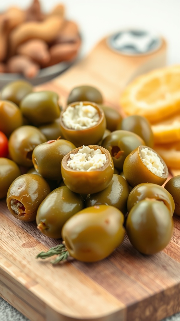 A plate of savory cheese-stuffed olives, garnished with fresh herbs.