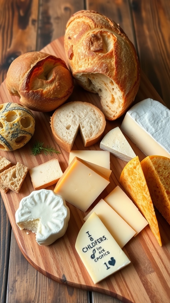 A variety of cheeses and breads arranged on a wooden platter