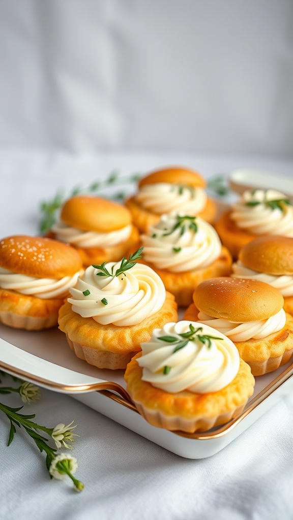 A plate of savory choux pastry topped with herb cream and garnished with fresh herbs.