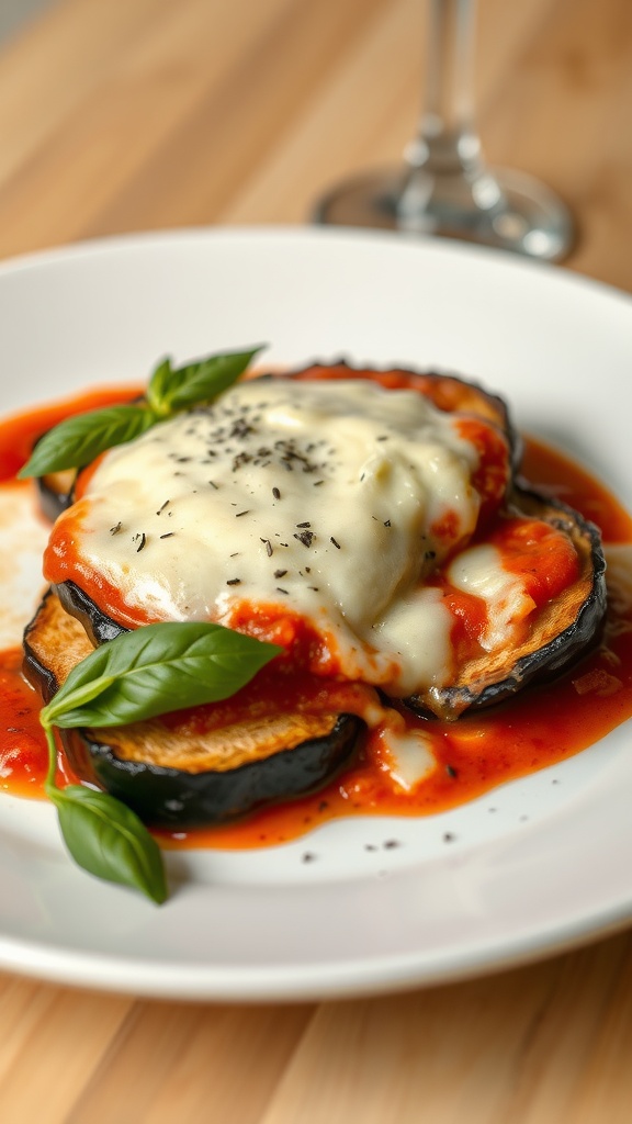 A serving of eggplant parmesan with marinara sauce and fresh basil.