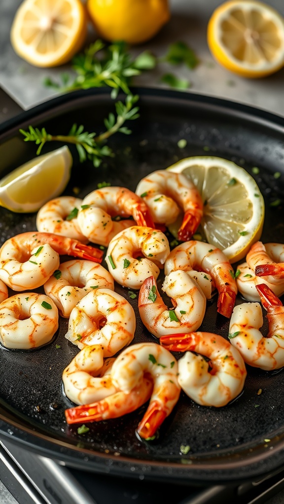 Plate of savory garlic butter shrimp garnished with lemon and parsley