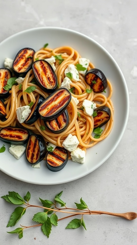 A bowl of savory Greek pasta salad with grilled eggplant, feta cheese, and fresh herbs.