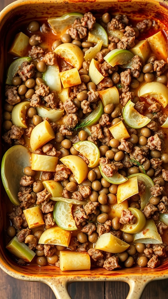 Keto cabbage casserole with ground beef and green beans.