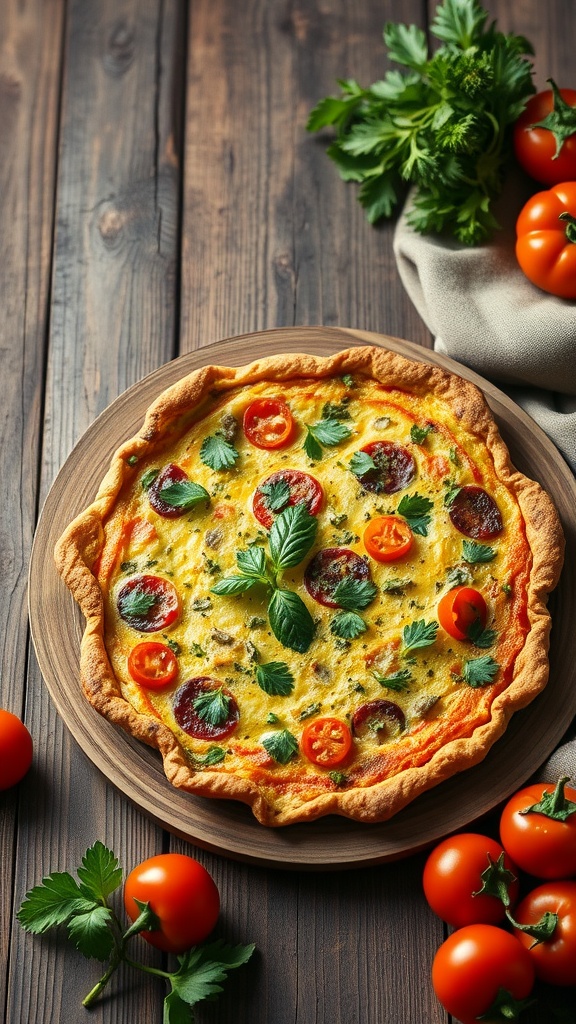 A savory herb frittata with seasonal vegetables, garnished with herbs, served on a wooden platter.